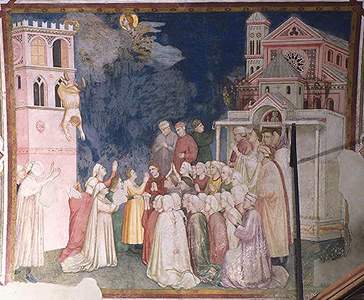 Der hl. Franziskus erweckt einen aus dem Fenster gestuerzten Knaben wieder zum Leben à Giotto di Bondone