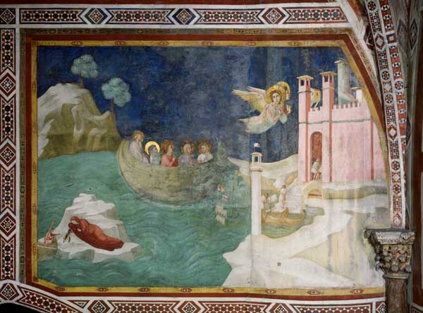 Die Landung der Heiligen Maximin, Lazarus, Cedonius und Maria Magdalena in Marseille à Giotto (école)