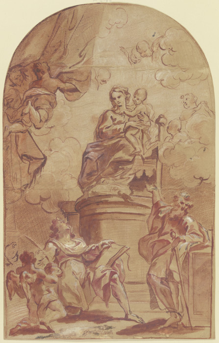 Maria auf dem Throne, dabei der Heilige Paulus und der Heilige Matthäus mit dem Engel à Giovanni Battista Gaulli