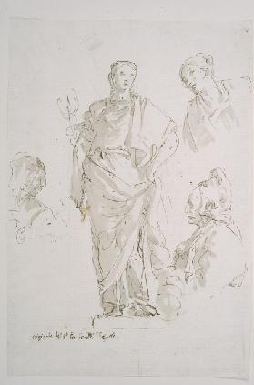 Standing female figure on a pedestal and three studies of heads