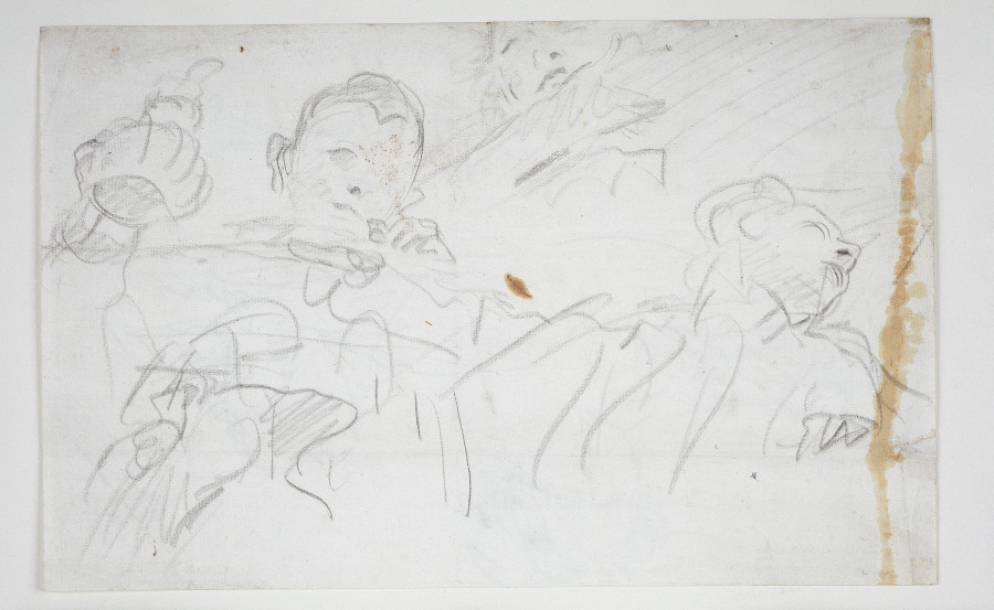 Studienblatt: drei Figuren und ein Arm à Giovanni Battista Tiepolo