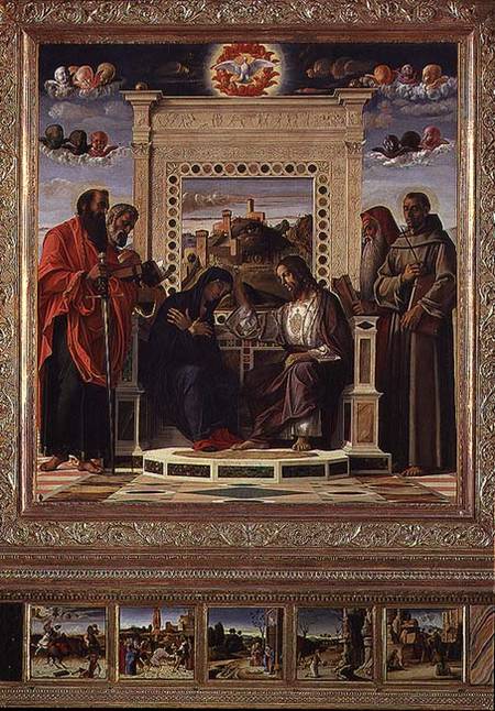 Coronation of the Virgin with SS. Paul, Peter, Jerome and Francis of Assisi with scenes from the liv à Giovanni Bellini