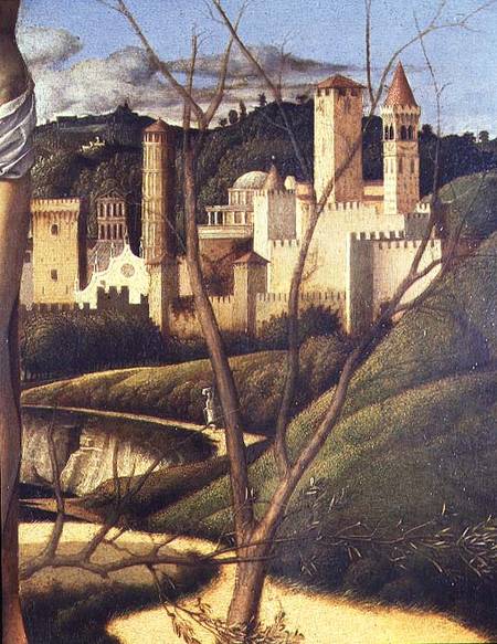Crucifixion (detail of the background landscape showing a town (detail of 87045) à Giovanni Bellini