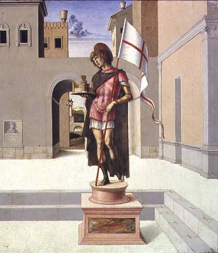 St. George depicted as a polychrome statue in a town square, predella à Giovanni Bellini