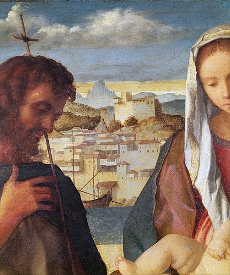 Madonna and Child with St.John the Baptist and a Saint, detail of the background waterside city, c.1 à Giovanni Bellini
