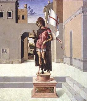 St. George depicted as a polychrome statue in a town square, predella