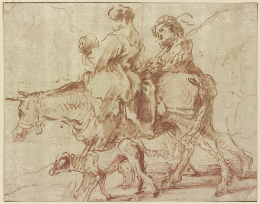 Frau mit Kind auf einem Esel reitend, ein junger Mann zu Fuß nebenher gehend à Giovanni Benedetto Castiglione