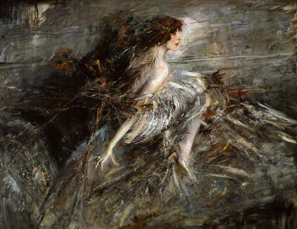 Portrait of the Marquise with peacock pens à Giovanni Boldini