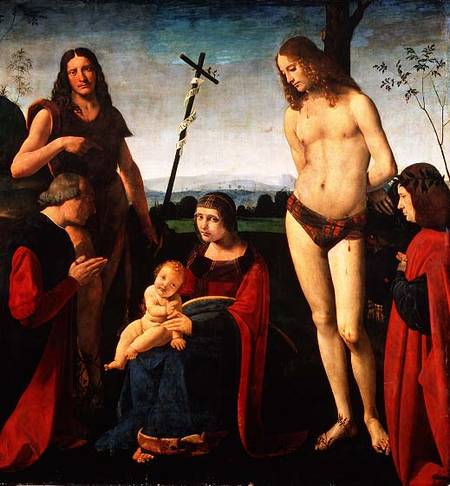Madonna and Child with SS. John the Baptist and Sebastian Between Two Donors à Giovanni Boltraffio