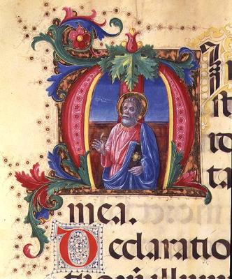 Ms 542 f.31r Historiated initial 'H' depicting a male saint from a psalter written by Don Appiano fr à Giovanni di Guiliano Boccardi