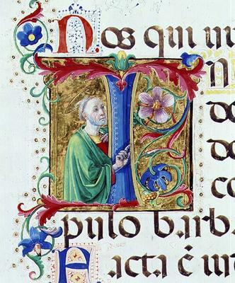 Ms 542 f.44v Historiated initial 'I' depicting a male saint from a psalter written by Don Appiano fr à Giovanni di Guiliano Boccardi