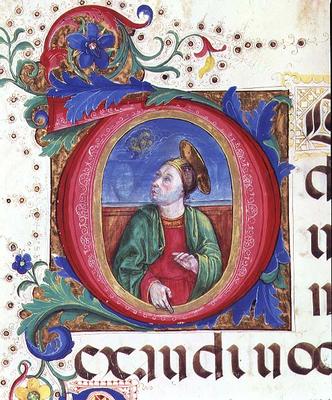 Ms 542 f.53r Historiated initial 'O' depicting a male saint from a psalter written by Don Appiano fr à Giovanni di Guiliano Boccardi