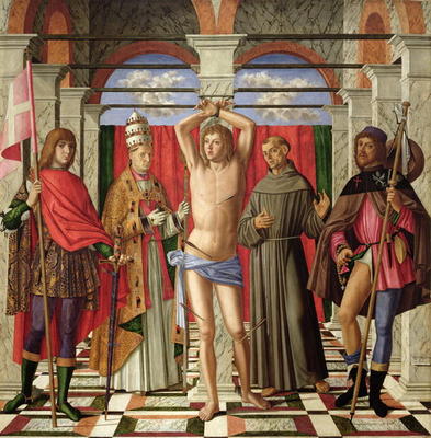Saint Sebastian with Saints Liberale, Gregory, Francis and Roch (oil on panel) à Giovanni di Niccolo Mansueti
