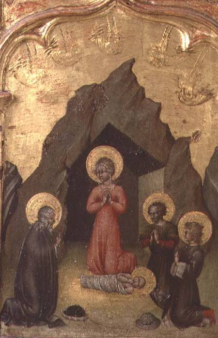 Adoration of the Child by the Virgin, St. Joseph and two saints à Giovanni  di Paolo di Grazia