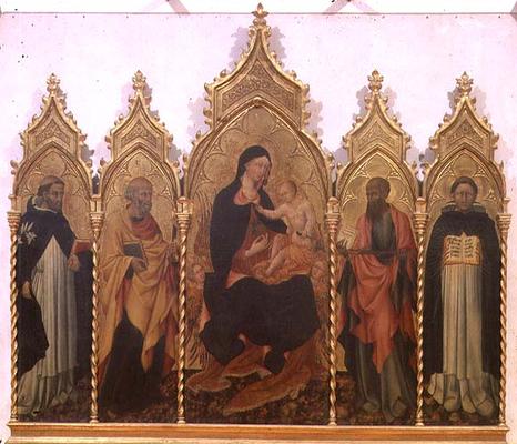 Madonna and Child with SS. Dominic, Peter, Paul and Thomas Aquinas, altarpiece, 1445 (tempera on pan à Giovanni  di Paolo di Grazia