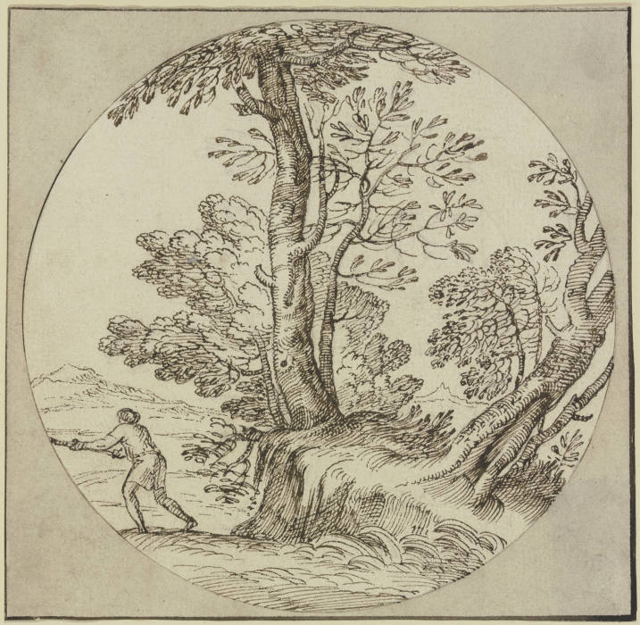 Baumpartie am Wasser, ein Mann nach links à Giovanni Francesco Grimaldi