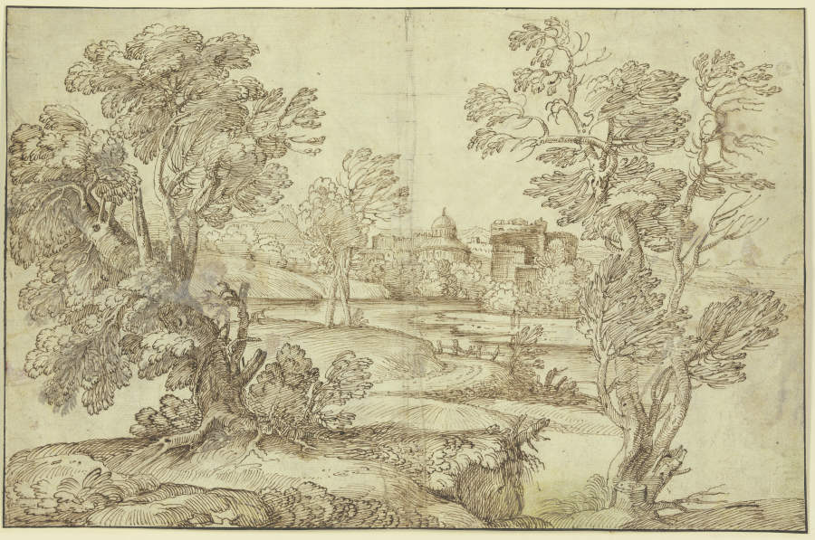 Landschaft mit Wasser, Baumgruppen und Gebäuden à Giovanni Francesco Grimaldi