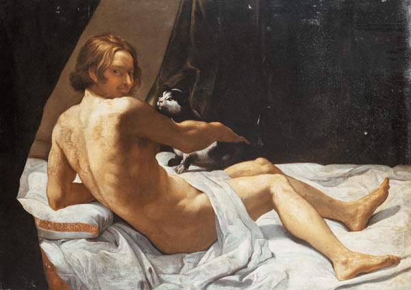 Young Man Lying on a Bed with a Cat à Giovanni Lanfranco