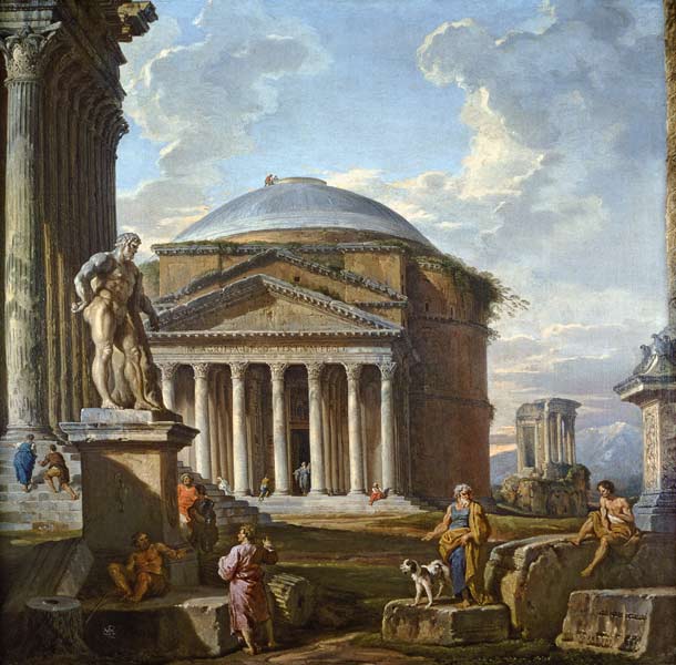 View of the Pantheon, the Farnese Hercules and other Roman Ruins à Giovanni Paolo Pannini