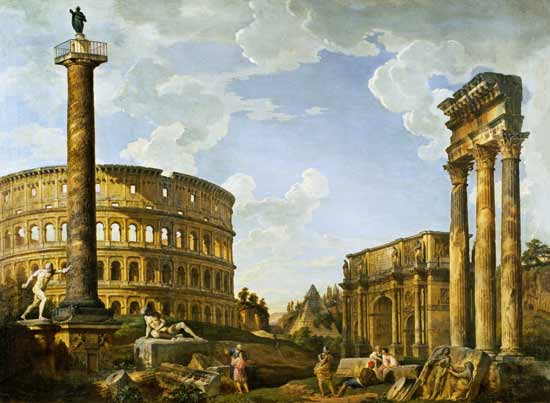 Roman Capriccio Showing the Colosseum, Borghese Warrior, Trajan's Column, the Dying Gaul, Tomb of Ce à Giovanni Paolo Pannini