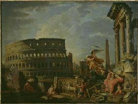Ruinenlandschaft mit Kolosseum und Konstantinsbogen und Allegorie auf den Untergang des Roemischen R