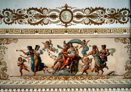 Triumphant goddess drawn in a chariot, detail of the ornamental border of the ceiling in the Raspber à Giovanni Scotti