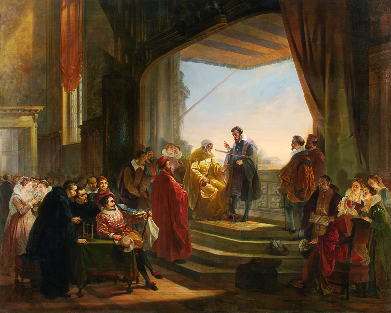 Galilei macht vor dem Dogen Leonardo Donato und dem Senat von Venedig den ersten Versuch mit Telesko à Giovanni Servi