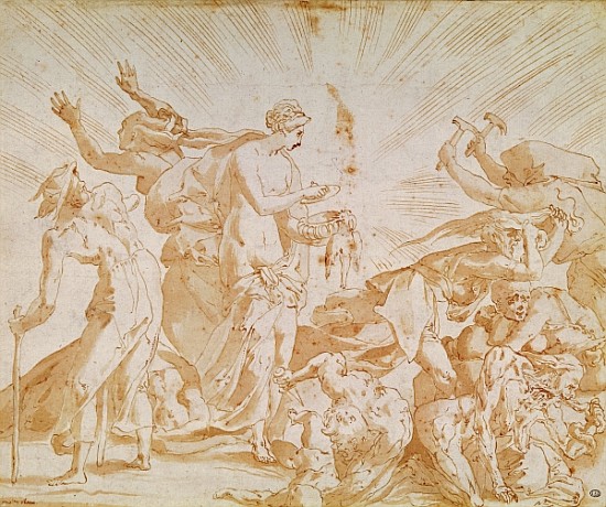 Pandora opening the box (pen, ink & wash on paper) à Giovanni Battista Rosso Fiorentino