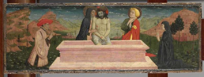 Imago pietatis mit Maria und Johannes und einem Stifterpaar. à Giovanni Francesco da Rimini