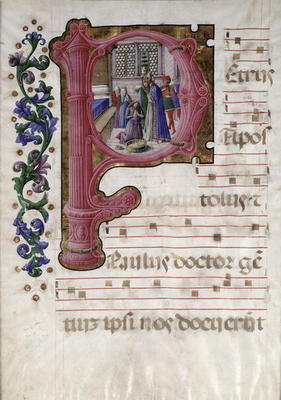 Historiated initial 'P' depicting the Baptism of Constantine (c.274-337) from a Lombardian antiphona à Girolamo  da Cremona