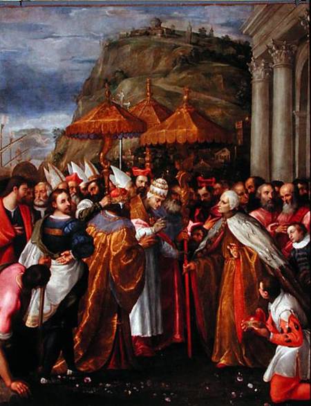 Pope Alexander III (1105-81), Emperor Frederick Barbarossa (c.1123-90) and Doge Sebastiano Ziani (c. à Girolamo Gambarato