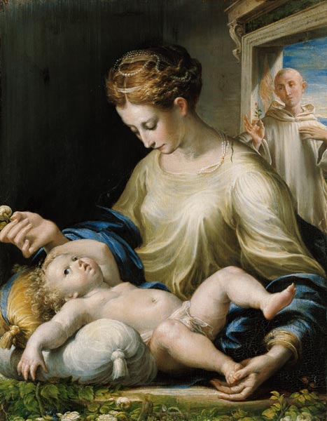Marie avec l'enfant et Saint Bruno. à Girolamo Mazzola Bedoli