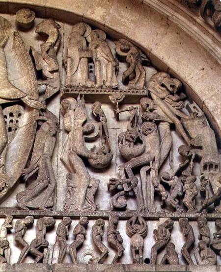 West Portal, detail of the Last Judgement, right hand side depicting the Weighing of Souls à Gislebertus