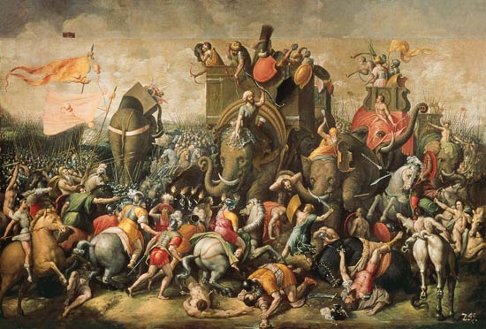 Schlachtbild mit Kriegselefanten. à Giulio Romano