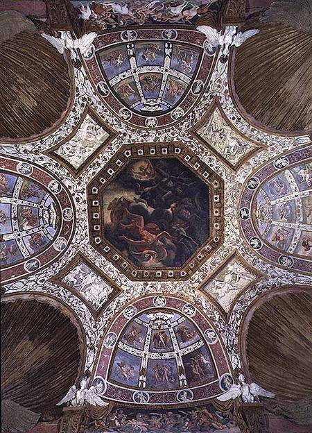 Camera delle Aquile, ceiling with the Fall of Icarus in the central panel surrounded by stucco decor à Giulio Romano