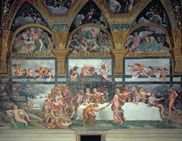 The Rustic Banquet celebrating the marriage of Cupid and Psyche, with the three lunettes above depic à Giulio Romano