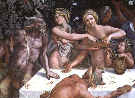 Two Horae scattering flowers, watched by two satyrs, detail of the rustic banquet celebrating the ma à Giulio Romano
