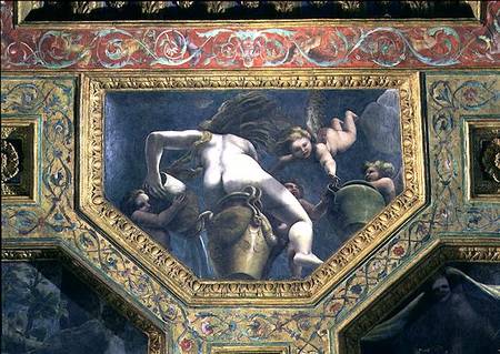 A nymph pouring water from an urn aided by putti, ceiling caisson from the Sala di Amore e Psiche à Giulio Romano