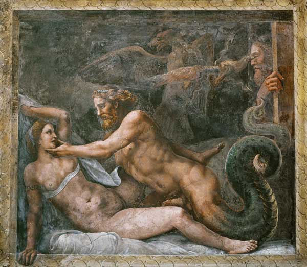Olympia is seduced by Jupiter, whose thunderbolt is seized by an eagle who drills the eye of the jea à Giulio Romano
