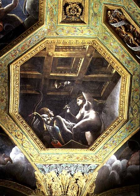 Psyche sees Cupid while he sleeps, ceiling caisson from the Sala di Amore e Psiche à Giulio Romano