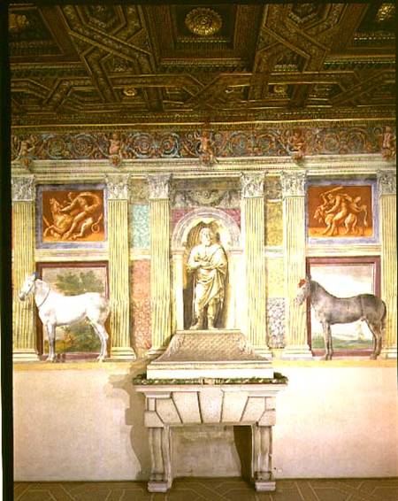 Sala dei Cavalli with trompe l'oeil portraits of two horses, the god Jupiter and imitation bronze pa à Giulio Romano