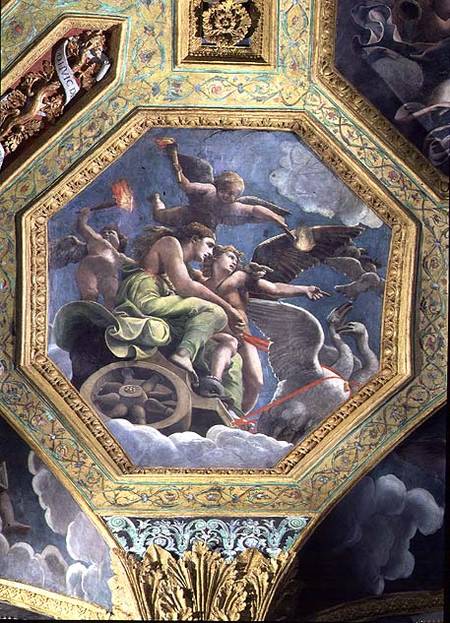Venus and Cupid in a chariot drawn by swans, ceiling caisson from the Sala di Amore e Psiche à Giulio Romano