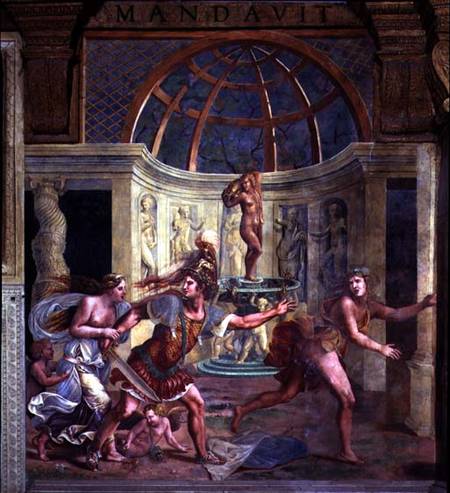 Venus, whose pricked foot stains the petals of a rose red, with Mars who pursues Adonis with an unsh à Giulio Romano