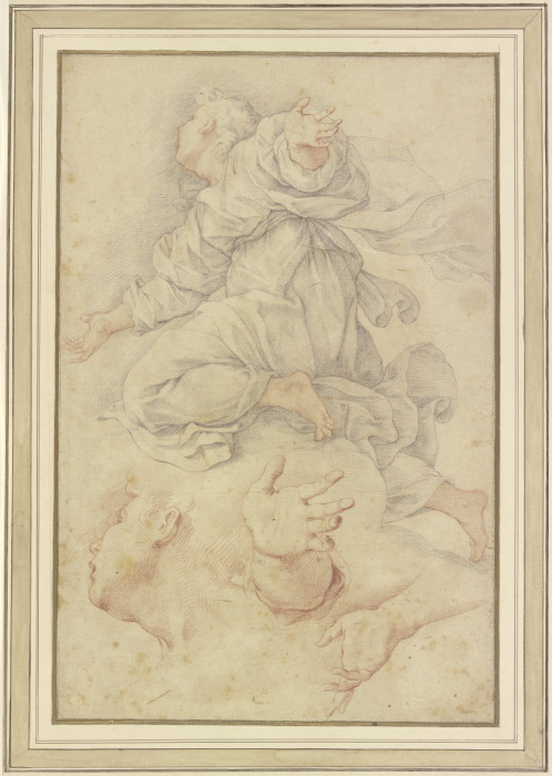 Studienblatt: Kniender Engel auf Wolken mit fliegendem Gewand, darunter eine Wiederholung des Kopfes à Giuseppe Bartolomeo Chiari