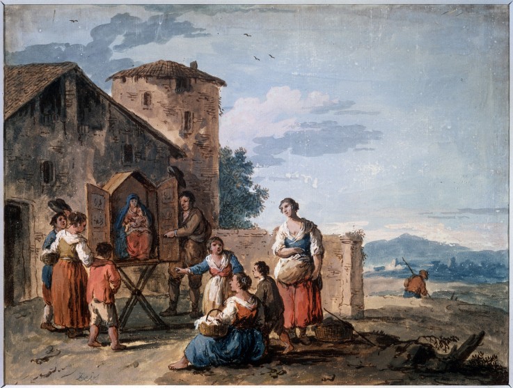 A group of peasants before the tabernacle with the Standing Madonna statue à Giuseppe Zais