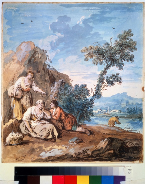 Three peasants resting on a river bank à Giuseppe Zais
