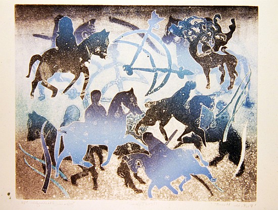 Celtic Horseman with Symbols, 1995 (monotype)  à Gloria  Wallington