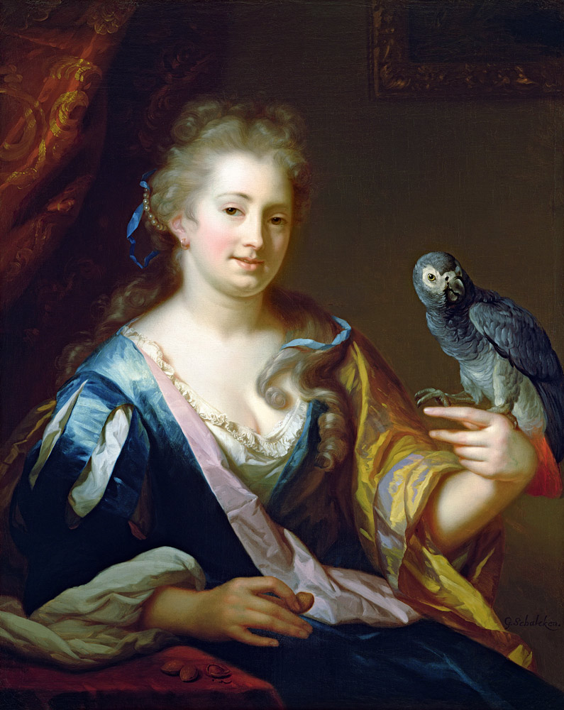 Portrait of a Lady feeding a parrot à Godfried Schalcken