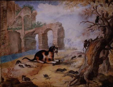 Cat killing mice in a landscape à Gottfried Mind