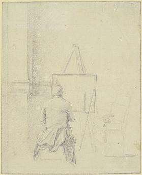Maler mit Zipfelmütze, vom Rücken gesehen, vor der Staffelei sitzend